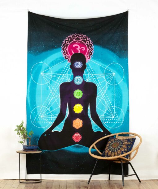 Yoga Wandtuch mit sieben Chakren blau schwarz - ca. 140x220 cm