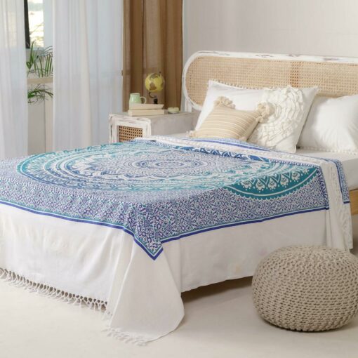 Tagesdecke Bettüberwurf 2x2m Mandala blau weiß 100% Baumwolle, indisches Muster orient Design