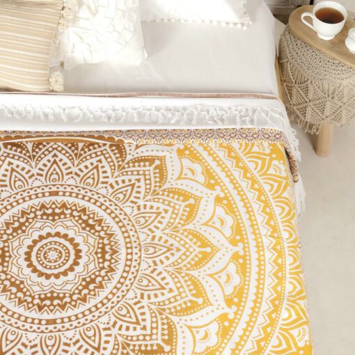 Tagesdecke Bettüberwurf 2x2m Mandala ocker braun 100% Baumwolle, indisches Muster orientalischer Design