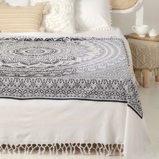 Tagesdecke Bettüberwurf 2x2m Mandala schwarz grau 100% Baumwolle, indisches Muster orientalisches Design