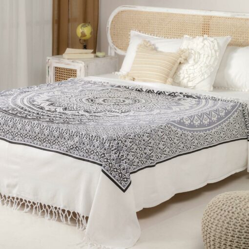 Tagesdecke Bettüberwurf 2x2m Mandala schwarz grau 100% Baumwolle, indisches Muster orientalisches Design
