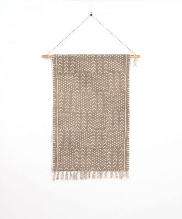Wandteppich Blockdruck Muster grau weiß 140x80 cm 100% Baumwolle handmade in Indien