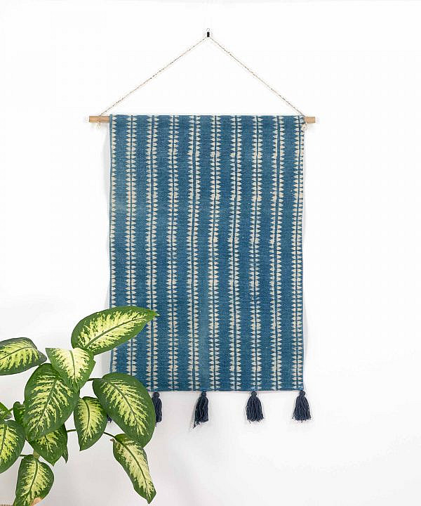 Wandteppich ethno Muster blau weiß mit Quasten 140x80 cm 100% Baumwolle handmade in Indien