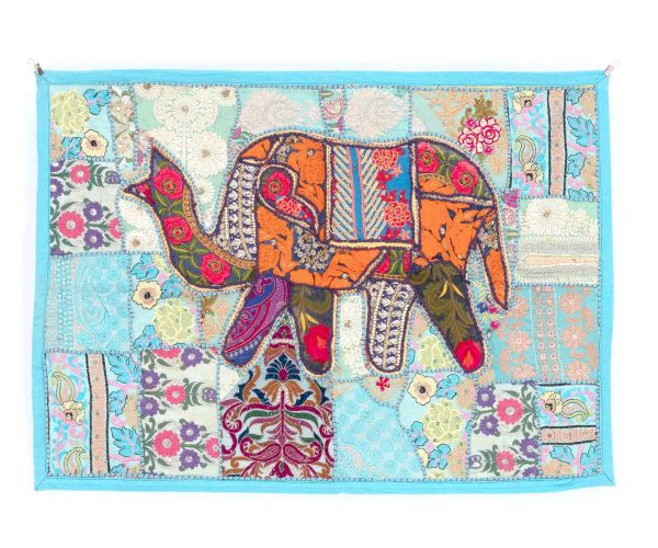 Wandteppich Elefant Patchwork blau - indischer Wandbehang 90x60 cm