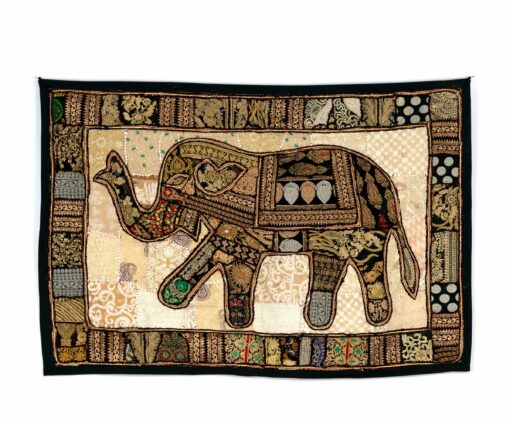 Wandteppich aus Patchwork mit Elefant in schwarz gold 100x150 cm