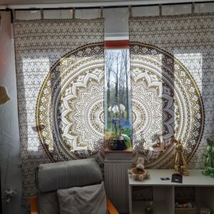 Indischer Vorhang Ombre Mandala weiß gold mit Schlaufen, aus Baumwolle
