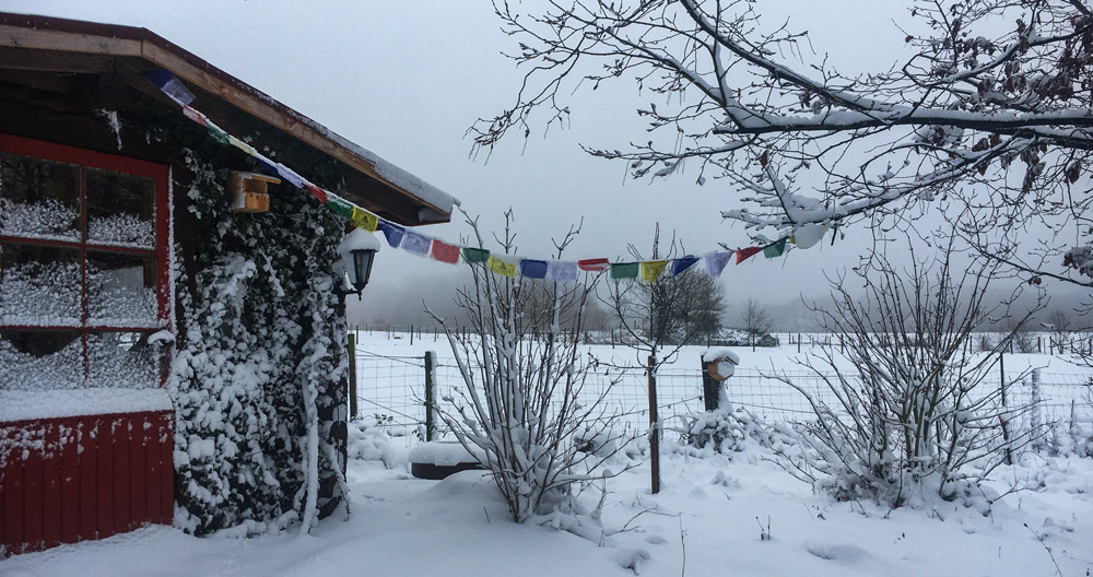 Gartenhaus aus Holz auf schneebedeckter Wiese mit langer Gebetsfahne