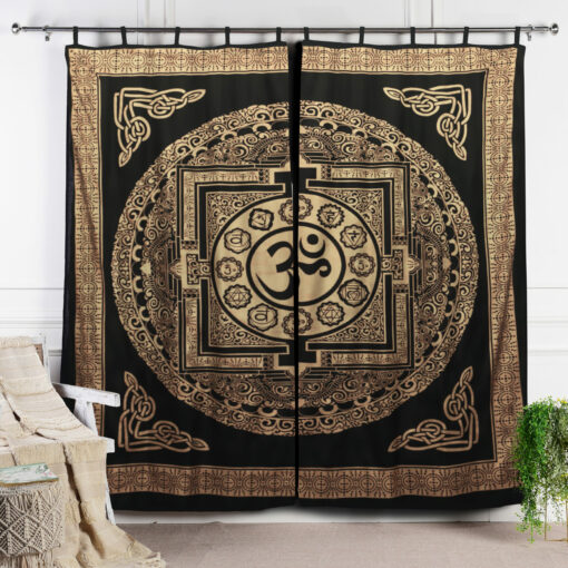 Gold Vorhang Om Zeichen schwarz - Indischer Vorhang mit Schlaufen aus 100% Baumwolle