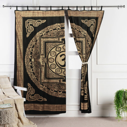 Gold Vorhang Om Zeichen schwarz - Indischer Vorhang mit Schlaufen aus 100% Baumwolle