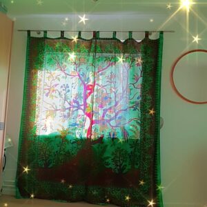 Indischer Vorhang mit Lebensbaum Motiv in grün - zweiteiliger Schlaufenvorhang aus 100% Baumwolle