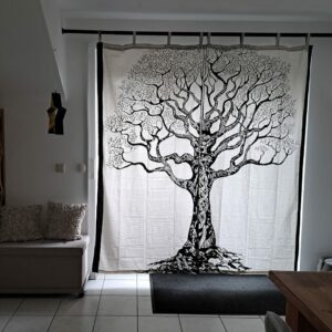 Karmandala Vorhang mit Weltenraum in schwarz weiß, 2x2 m aus 100% Baumwolle