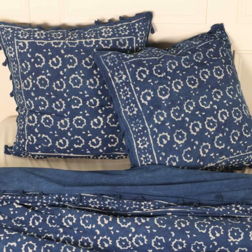 Indische Bettwäsche Indigo Blockdruck Blumenmuster 200x220 cm + 80x80 cm Kopfkissen aus 100% Baumwolle