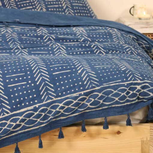 Indische Bettwäsche Indigo Blockdruck Geometrisches Muster 200x220 cm + 80x80 cm Kopfkissen aus 100% Baumwolle
