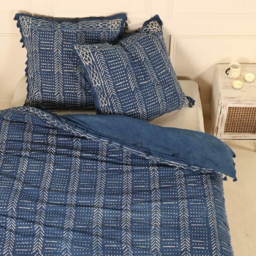 Indische Bettwäsche Indigo Blockdruck Geometrisches Muster 200x220 cm + 80x80 cm Kopfkissen aus 100% Baumwolle