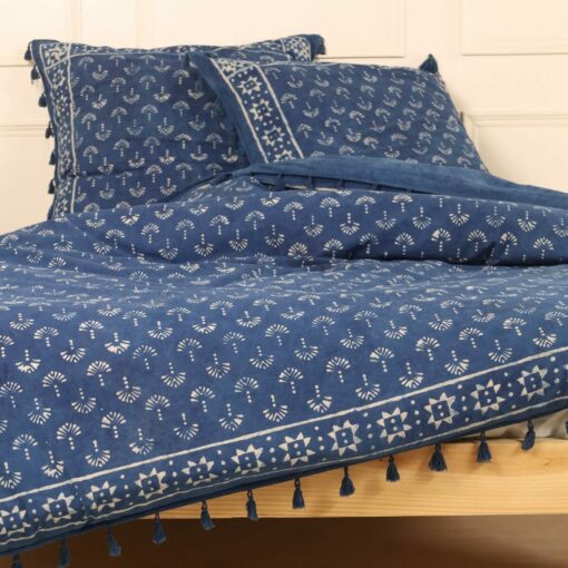 Indische Bettwäsche Indigo Blockdruck Pfauenfeder Muster 200x220 cm + 80x80 cm Kopfkissen 100% Baumwolle