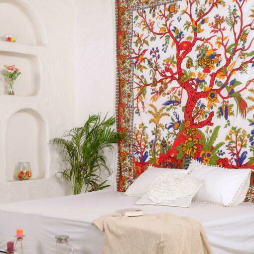 Wandtuch mit Lebensbaum in weiß und rot, Wandteppich 2x2 m XXL Tuch für die Wand 100% Baumwolle